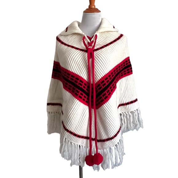 Vintage Sweaters - Vintage 60s / 70s White Fringe Knit Red Stripe Poncho with Collar / Pom Pom Ties